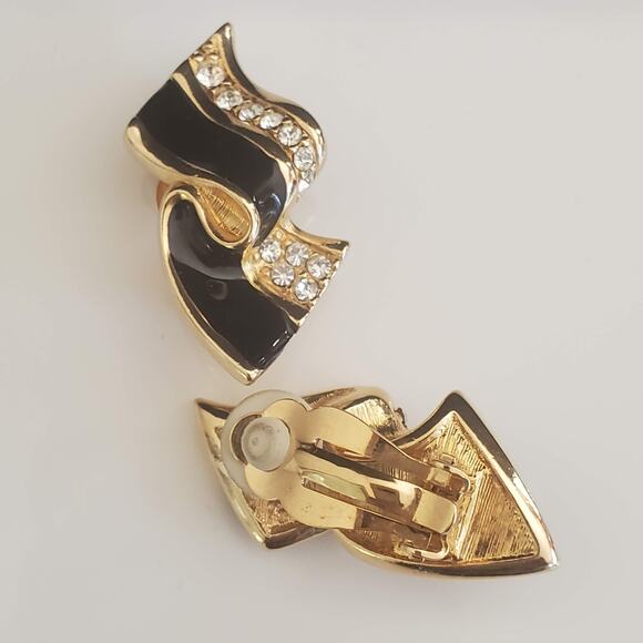Swarovski Black Ribbon Crystal Clip-On Earrings Enamel Swan Signed Gold Plate - Picture 6 of 6